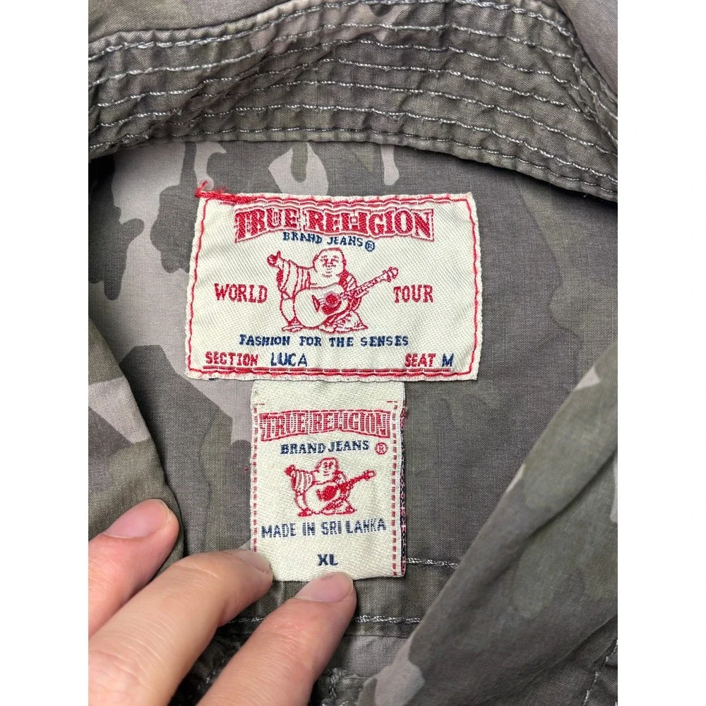 True Religion Luca Mens XL Camo Button‎ Down Shirt Grey Green Utility Military